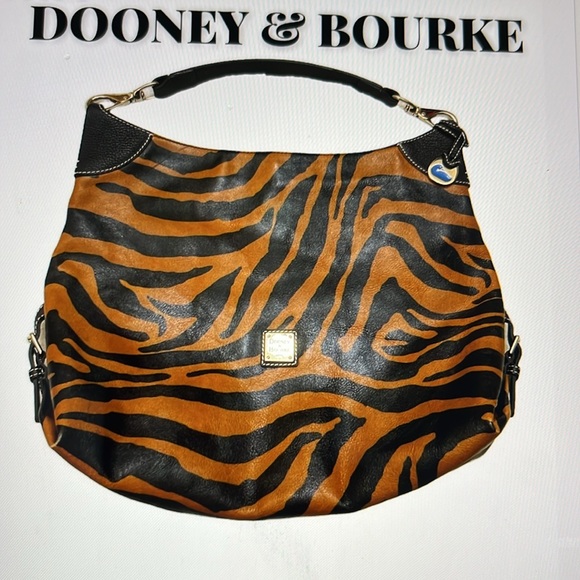 Dooney & Bourke Handbags - Authentic Vintage Dooney & Bourke Black Caramel Tiger Print Gold Shoulder Bag